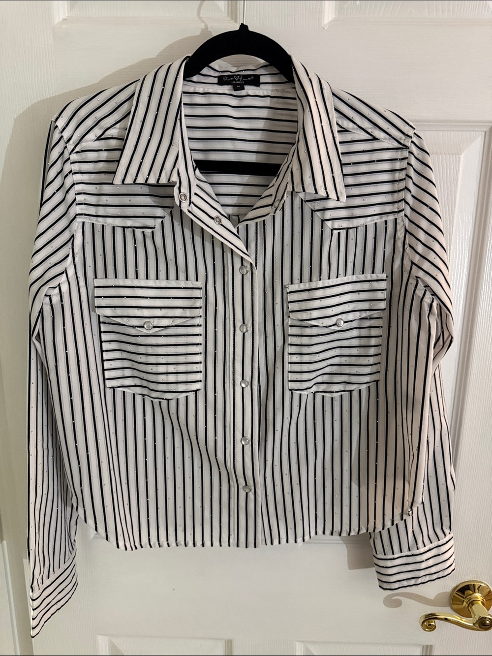 Velvet Heart White Rhinestone Snap Button-Down Shirt with Black Stripes. Size M